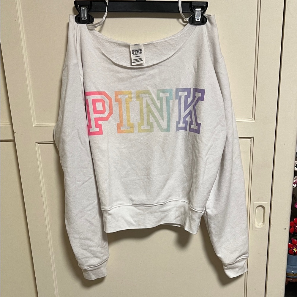 PINK Victoria's Secret Multicolor Logo Off-Shoulder Sweater